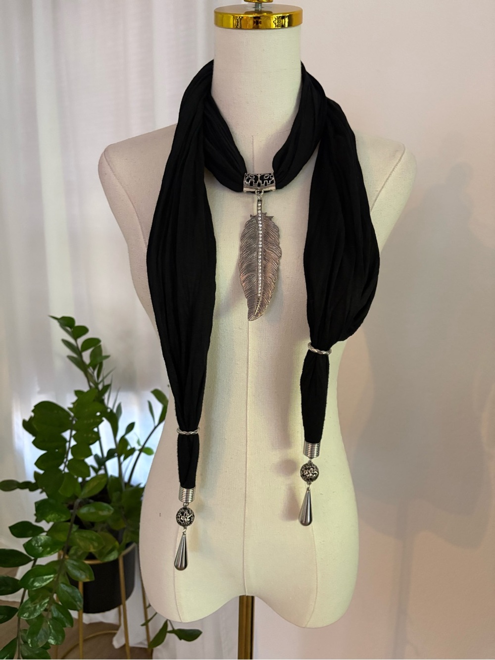 Black Feather Pendant Scarf Necklace - Unbranded